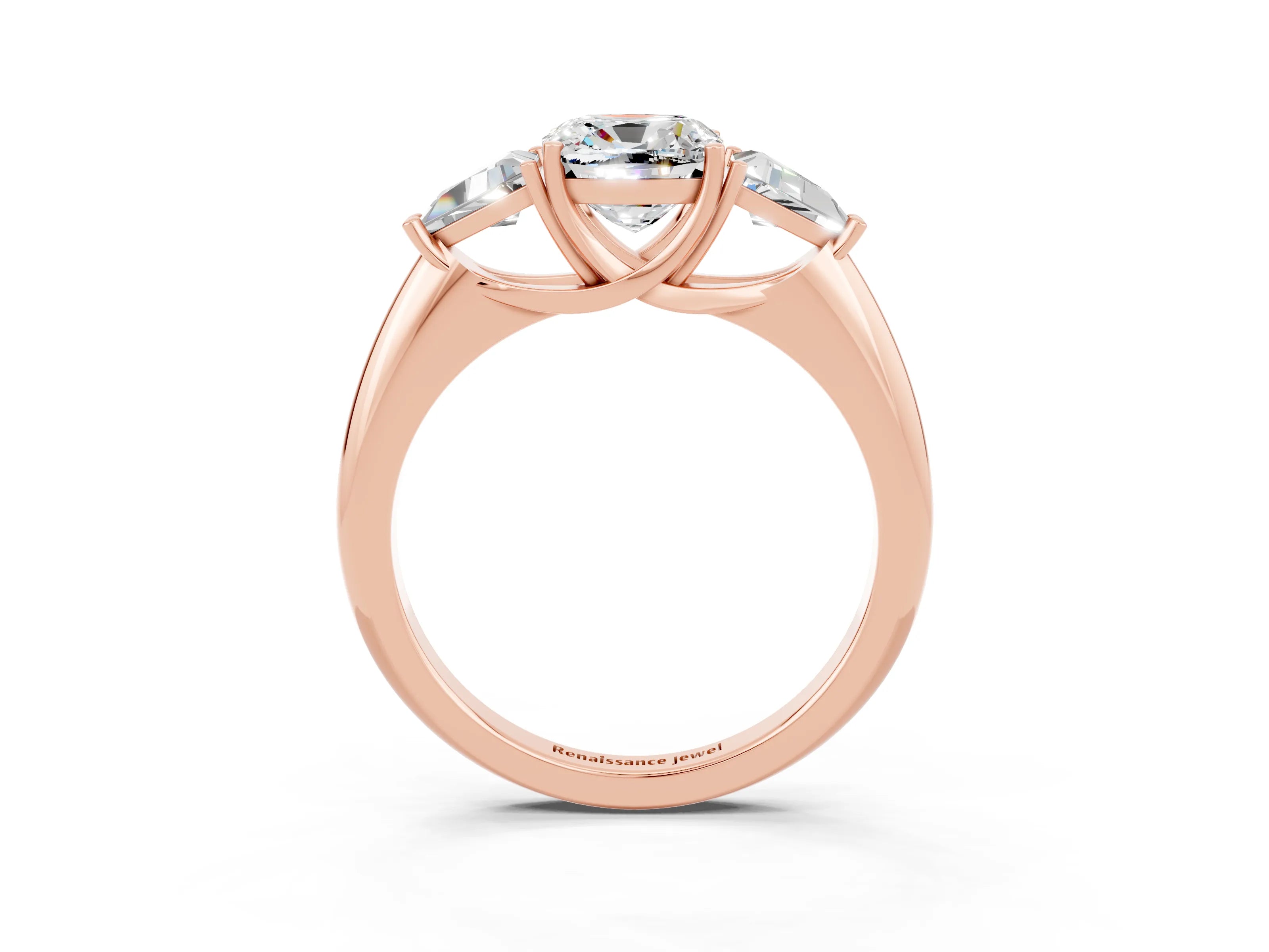 Rose gold Three-Stone Cushion Cut Cut Diamond Ring with Trillion Side Stones and Four-Prong Setting_3