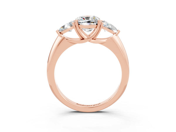 Rose gold Three-Stone Cushion Cut Moissanite Engagement Ring with Trillion Side Stones and Prong Setting