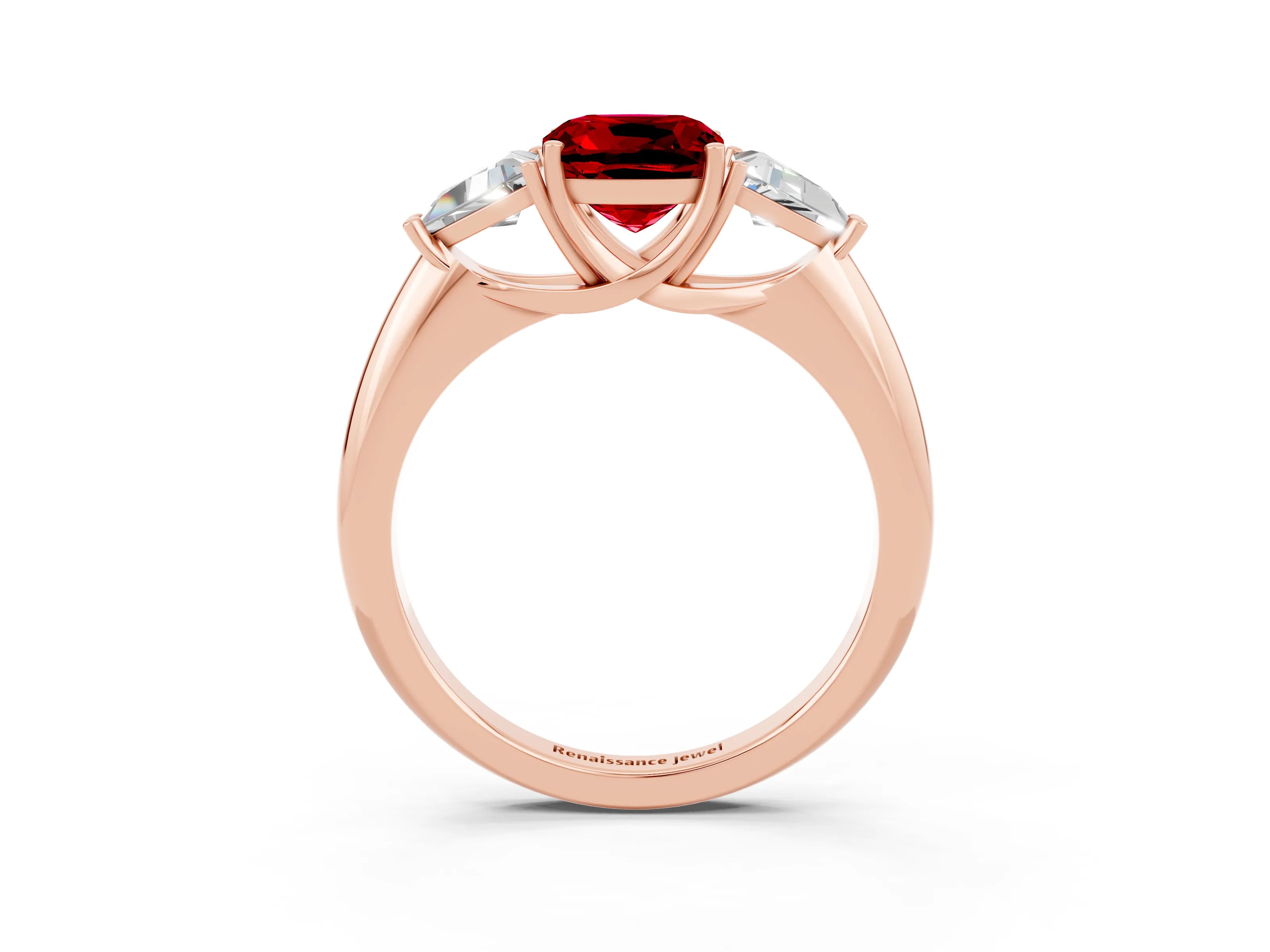 Rose gold Three-Stone Cushion Cut Cut Diamond Ring with Trillion Side Stones and Four-Prong Setting_3