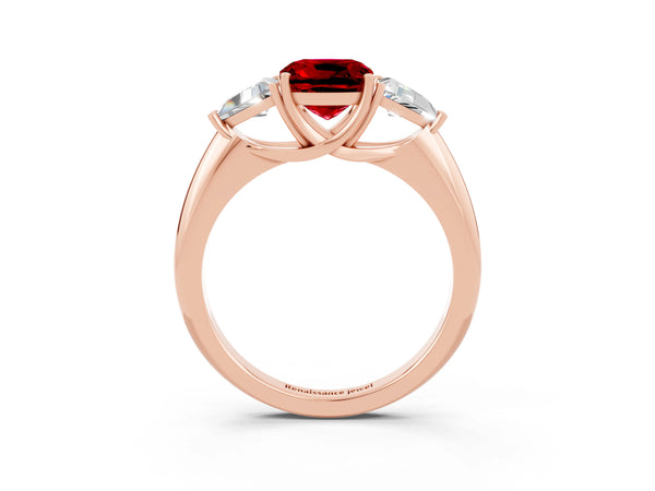 Rose gold Three-Stone Cushion Cut Cut Diamond Ring with Trillion Side Stones and Four-Prong Setting