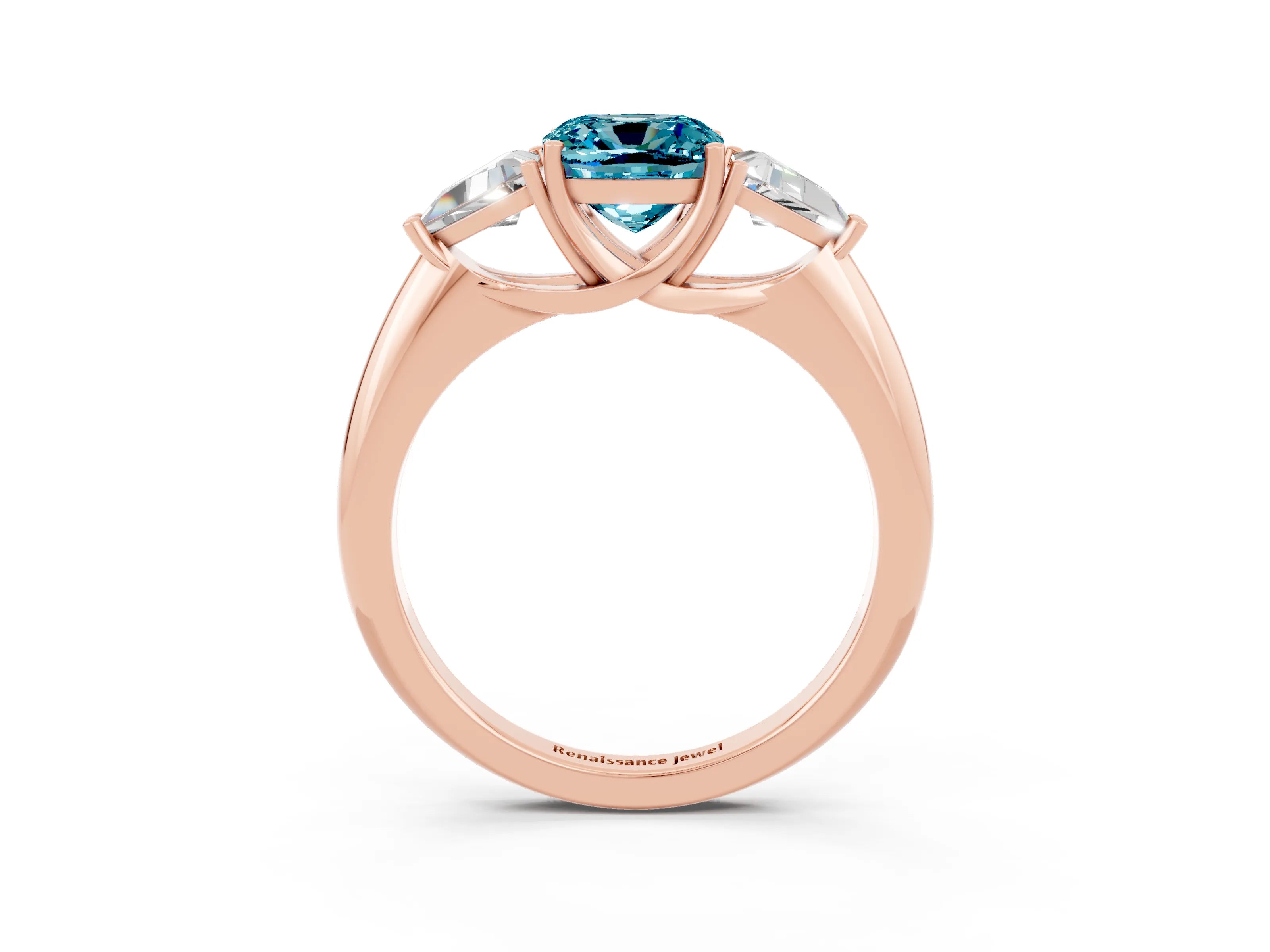 Rose gold Three-Stone Cushion Cut Cut Diamond Ring with Trillion Side Stones and Four-Prong Setting_3