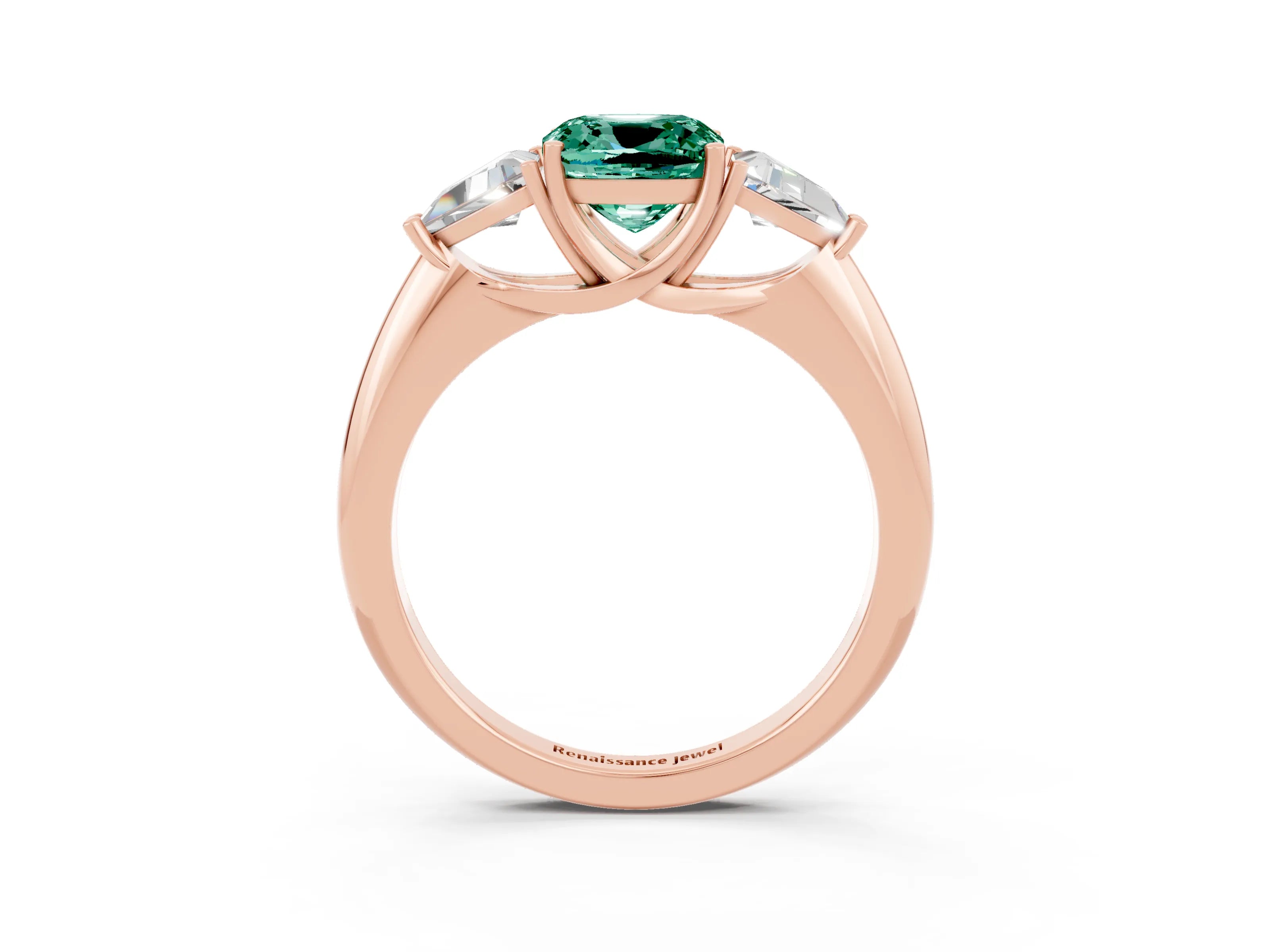 Rose gold Three-Stone Cushion Cut Cut Diamond Ring with Trillion Side Stones and Four-Prong Setting_3