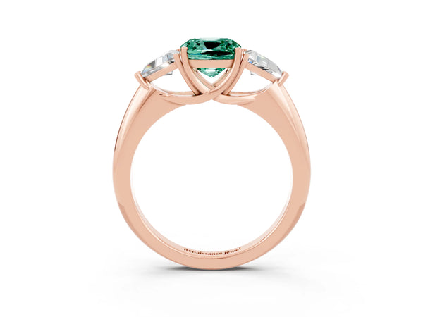 Rose gold Three-Stone Cushion Cut Green Sapphire Engagement Ring with Trillion Side Stones and Prong Setting