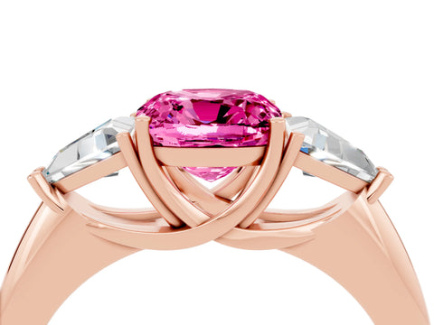 Rose gold Three-Stone Cushion Cut Cut Diamond Ring with Trillion Side Stones and Four-Prong Setting_4