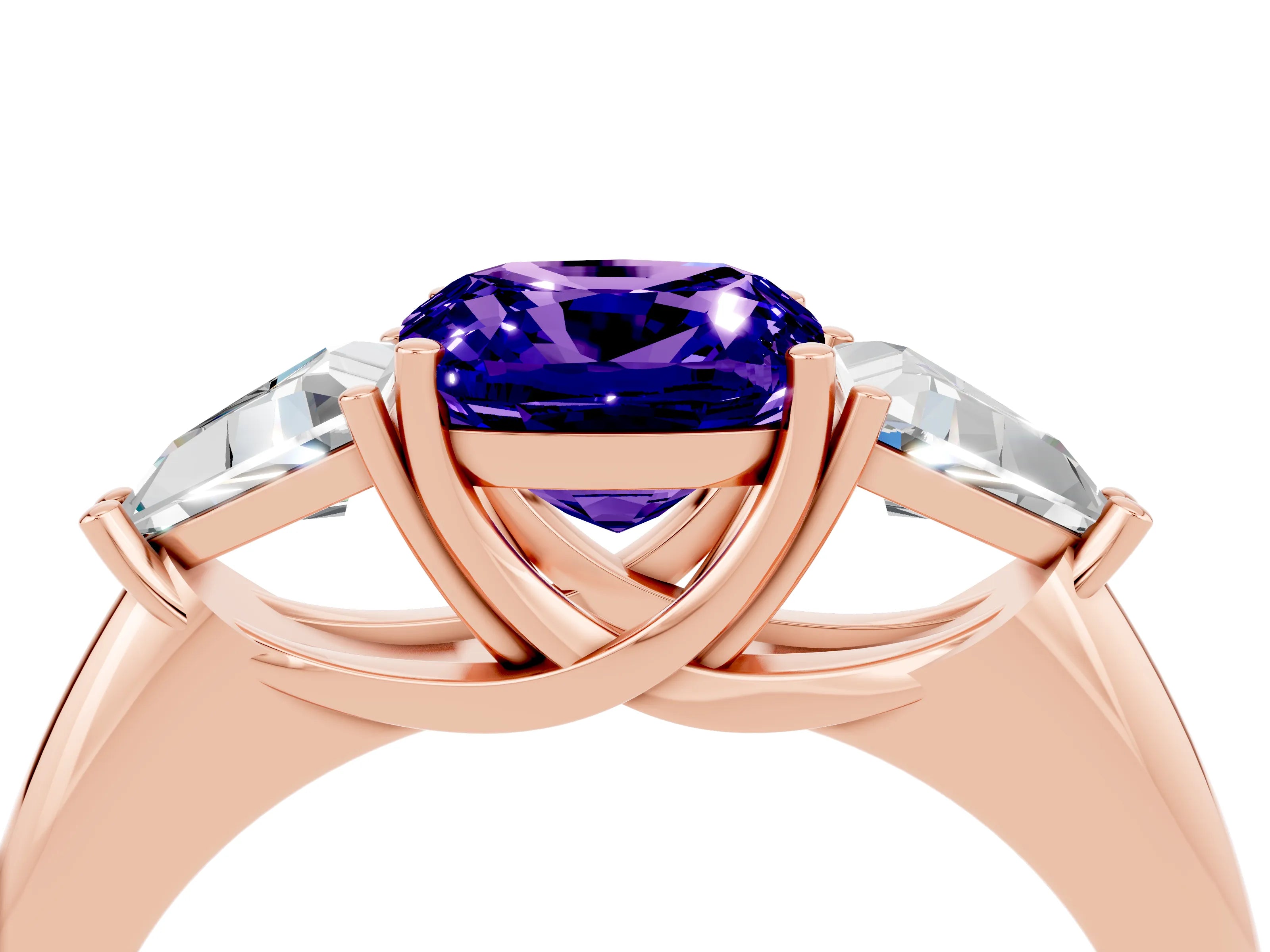 Rose gold Three-Stone Cushion Cut Cut Diamond Ring with Trillion Side Stones and Four-Prong Setting_4