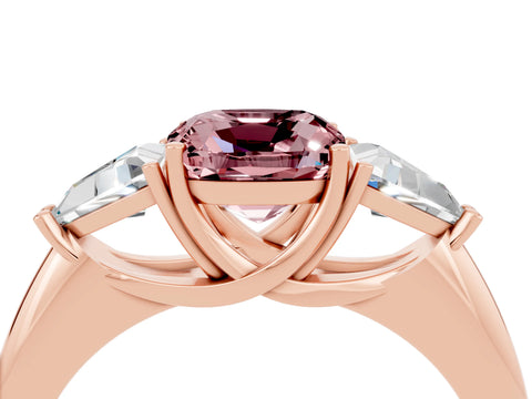 Rose gold Three-Stone Cushion Cut Cut Diamond Ring with Trillion Side Stones and Four-Prong Setting_4