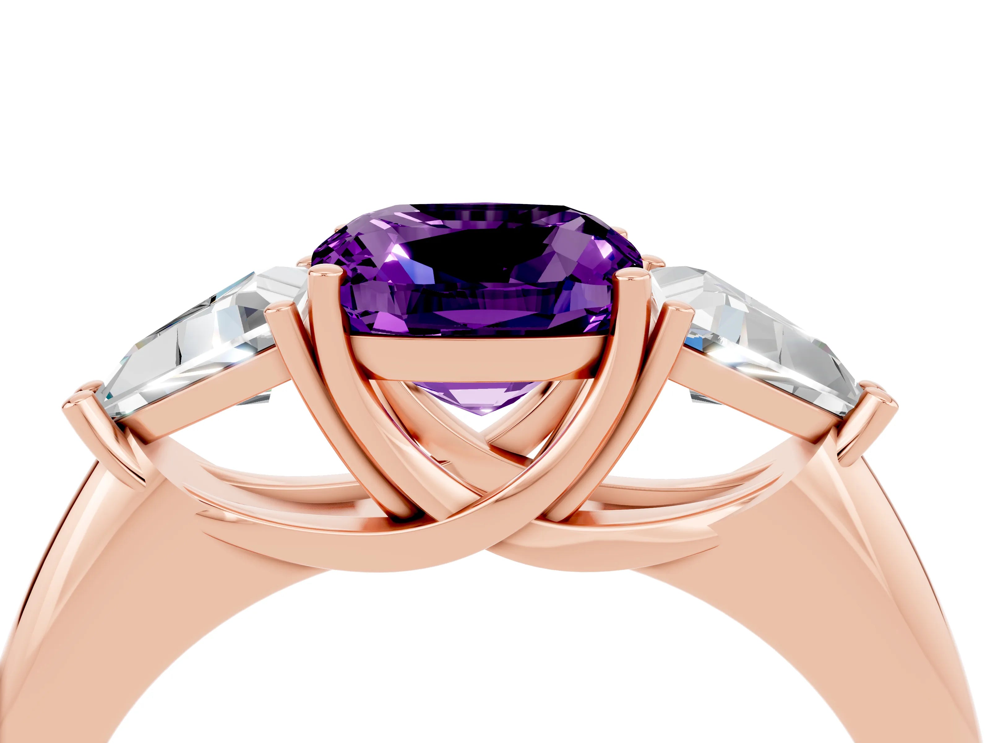 Rose gold Three-Stone Cushion Cut Cut Diamond Ring with Trillion Side Stones and Four-Prong Setting_4