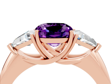 Rose gold Three-Stone Cushion Cut Cut Diamond Ring with Trillion Side Stones and Four-Prong Setting_4