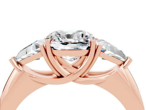 Rose gold Three-Stone Cushion Cut Cut Diamond Ring with Trillion Side Stones and Four-Prong Setting_4