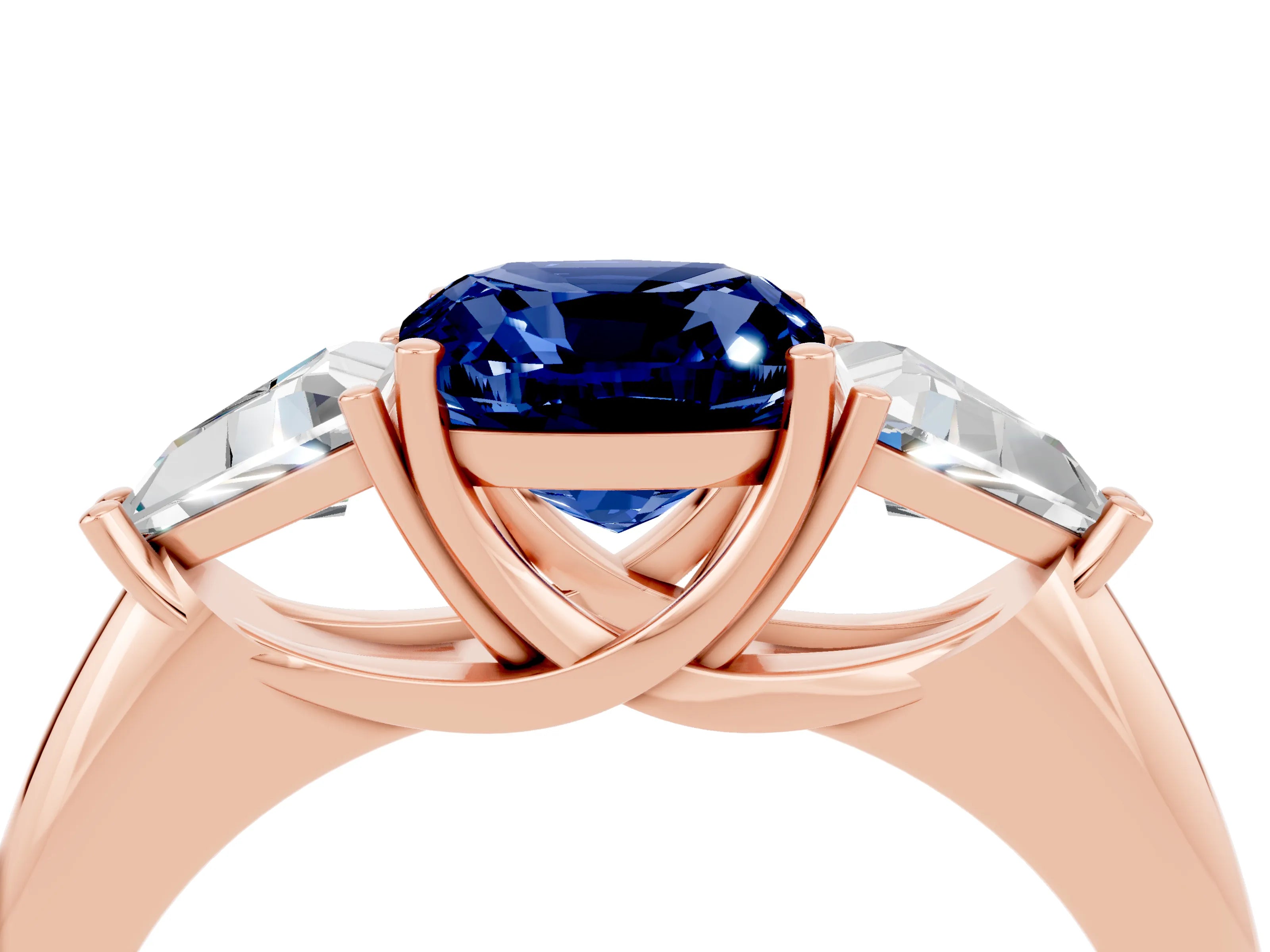 Rose gold Three-Stone Cushion Cut Cut Diamond Ring with Trillion Side Stones and Four-Prong Setting_4