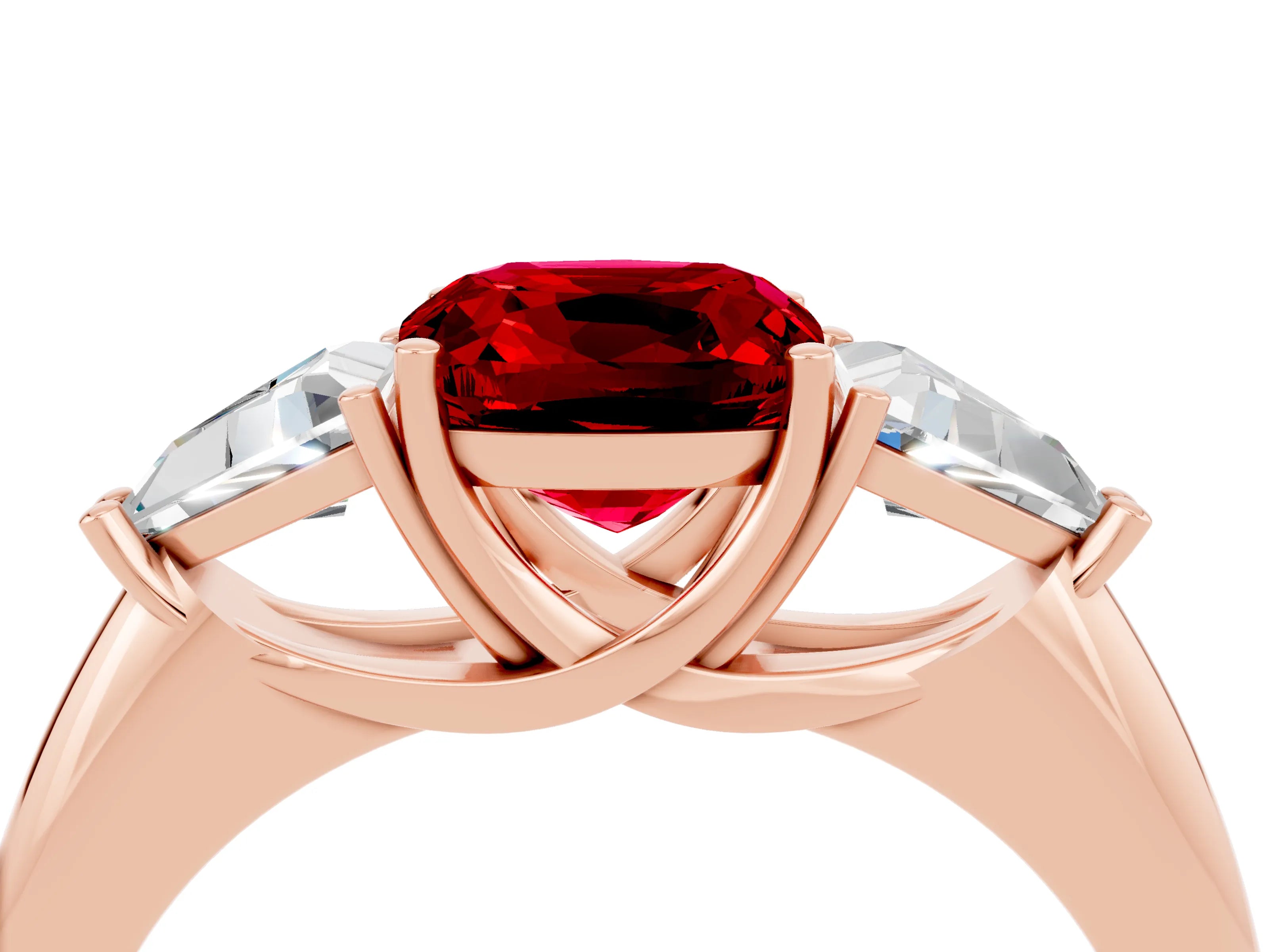 Rose gold Three-Stone Cushion Cut Cut Diamond Ring with Trillion Side Stones and Four-Prong Setting_4