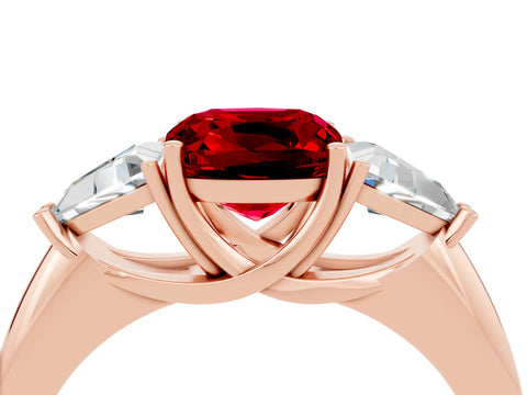 Rose gold Three-Stone Cushion Cut Cut Diamond Ring with Trillion Side Stones and Four-Prong Setting_4