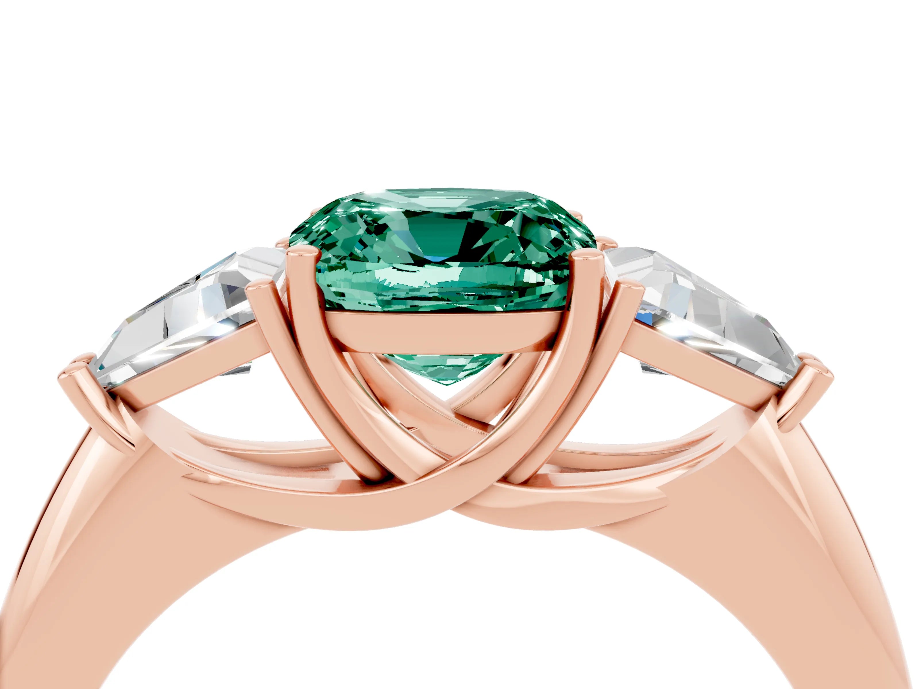 Rose gold Three-Stone Cushion Cut Cut Diamond Ring with Trillion Side Stones and Four-Prong Setting_4