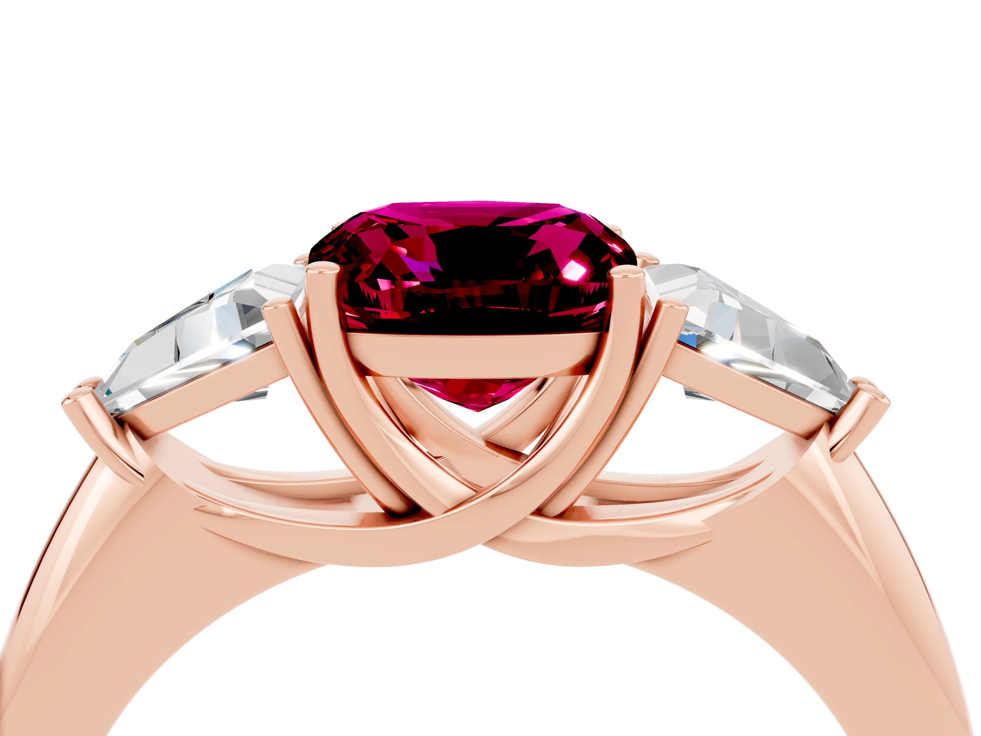 Rose gold Three-Stone Cushion Cut Cut Diamond Ring with Trillion Side Stones and Four-Prong Setting_4