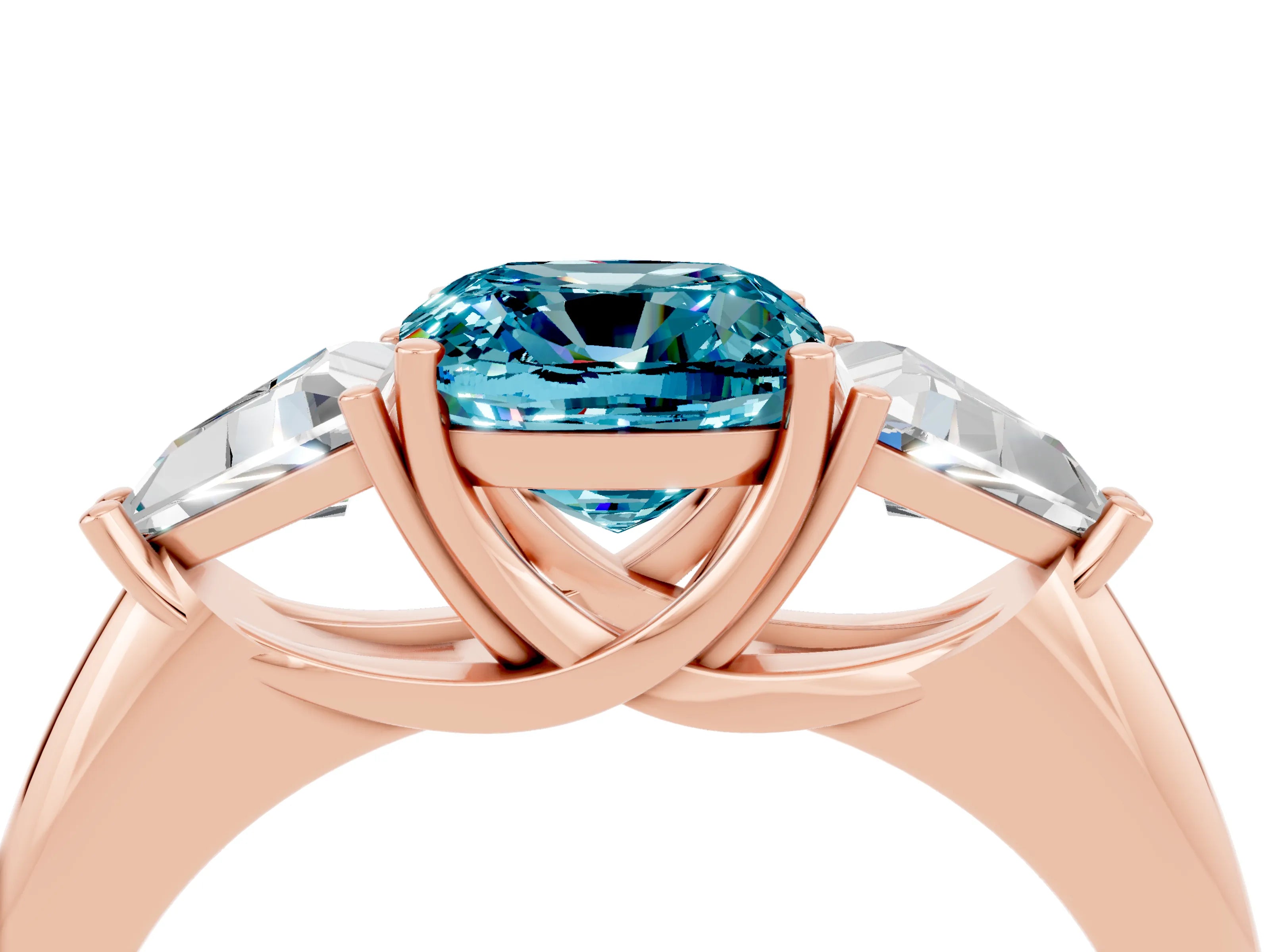 Rose gold Three-Stone Cushion Cut Cut Diamond Ring with Trillion Side Stones and Four-Prong Setting_4