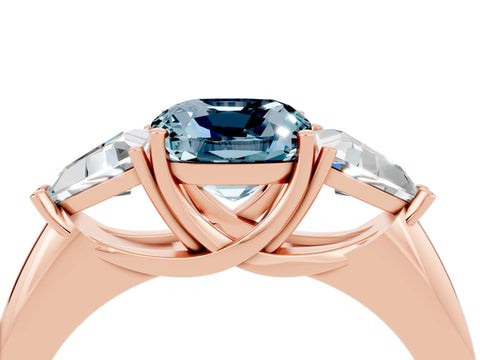 Rose gold Three-Stone Cushion Cut Cut Diamond Ring with Trillion Side Stones and Four-Prong Setting_4