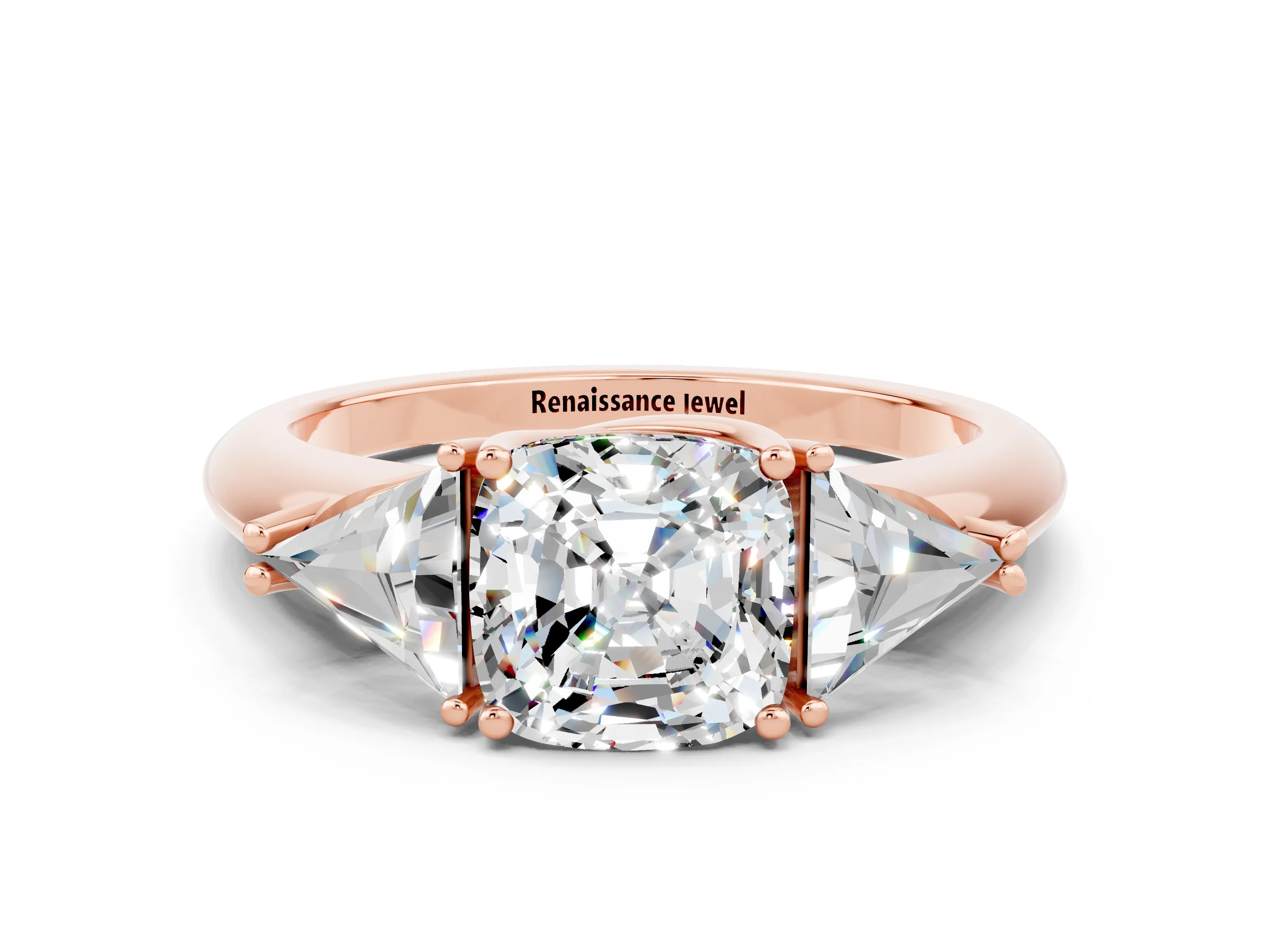 Rose gold Three-Stone Cushion Cut Cut Diamond Ring with Trillion Side Stones and Four-Prong Setting