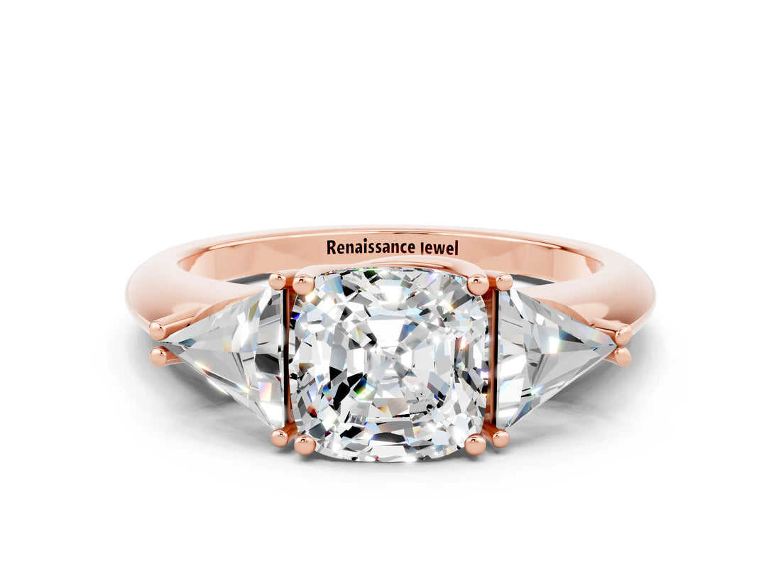 Rose gold Three-Stone Cushion Cut Cut Diamond Ring with Trillion Side Stones and Four-Prong Setting