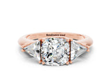 Rose gold Three-Stone Cushion Cut Cut Diamond Ring with Trillion Side Stones and Four-Prong Setting