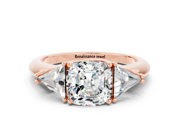 Rose gold Three-Stone Cushion Cut Moissanite Engagement Ring with Trillion Side Stones and Prong Setting