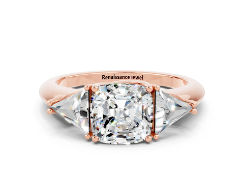 Rose gold Three-Stone Cushion Cut Cut Diamond Ring with Trillion Side Stones and Four-Prong Setting