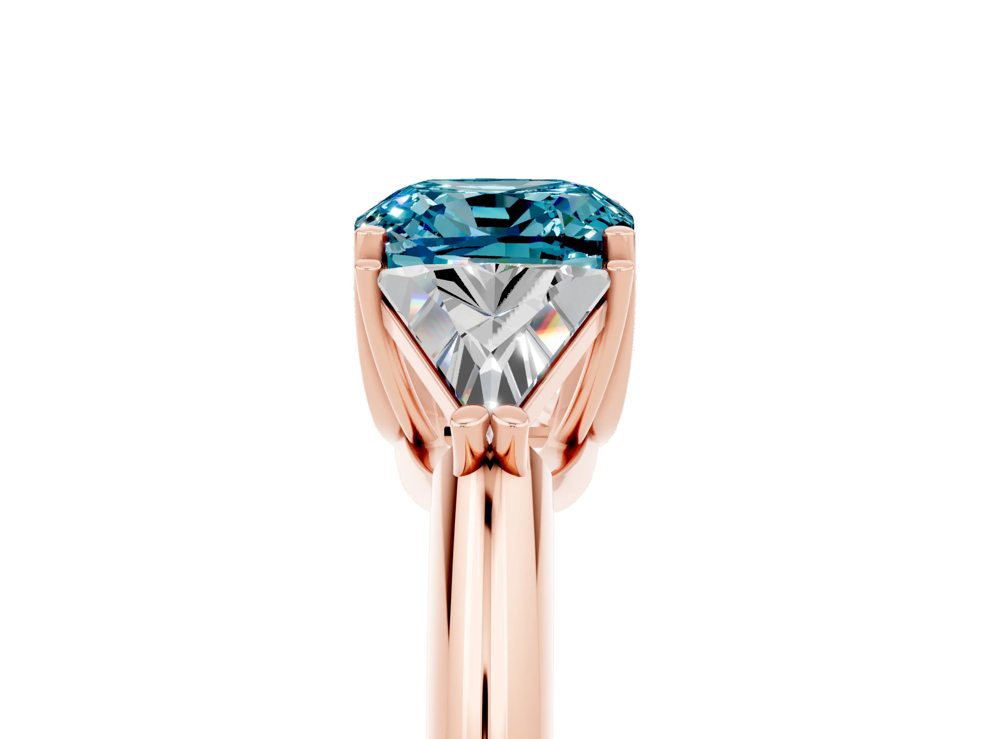 Rose gold Three-Stone Cushion Cut Cut Diamond Ring with Trillion Side Stones and Four-Prong Setting_5