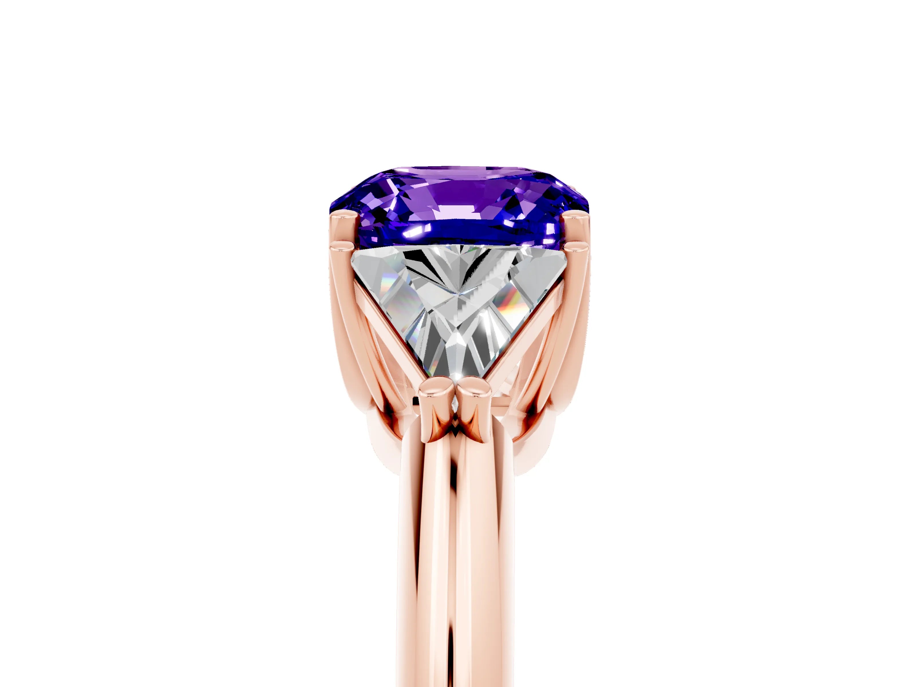 Rose gold Three-Stone Cushion Cut Cut Diamond Ring with Trillion Side Stones and Four-Prong Setting_5