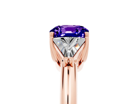 Rose gold Three-Stone Cushion Cut Cut Diamond Ring with Trillion Side Stones and Four-Prong Setting_5