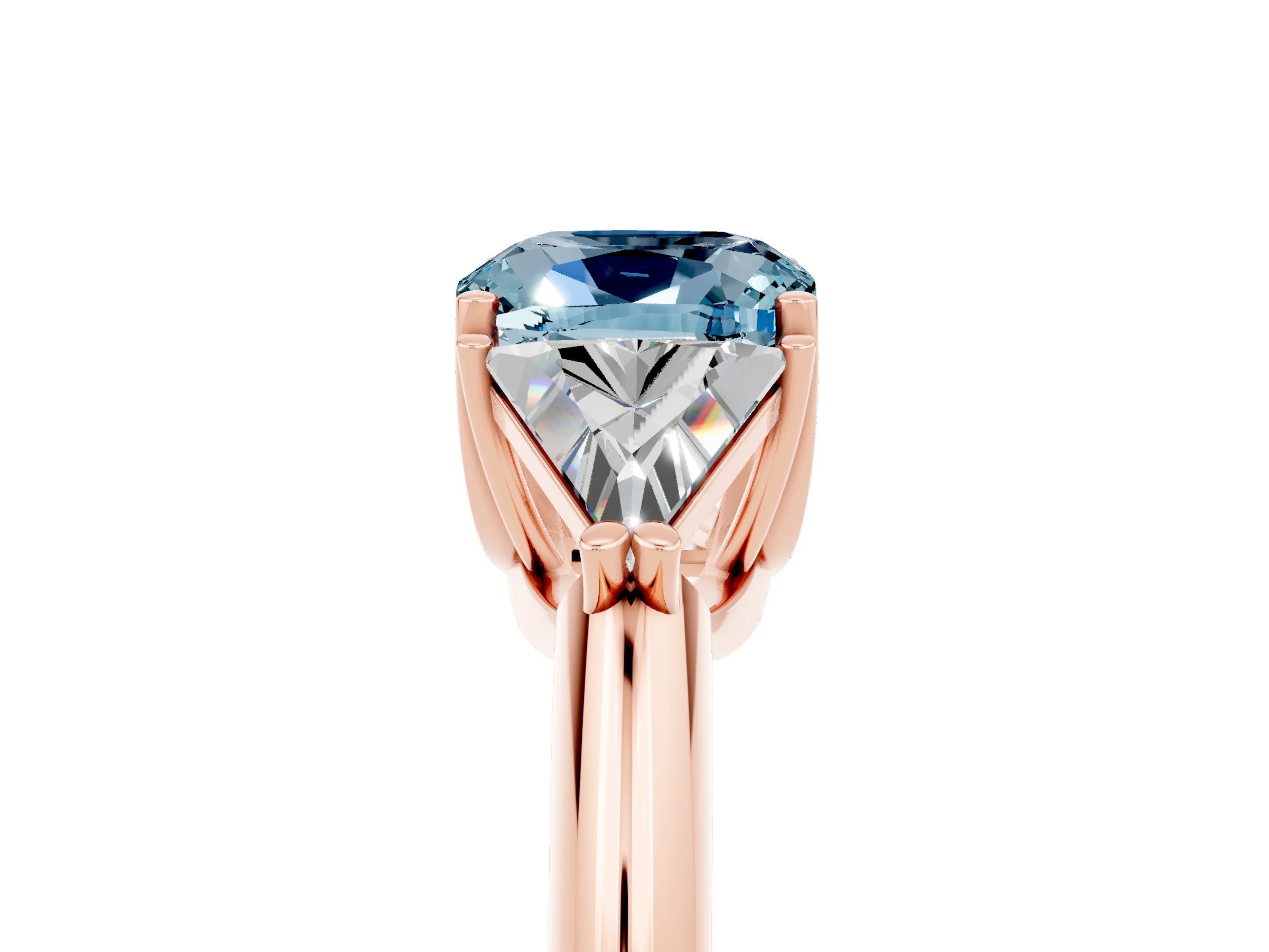 Rose gold Three-Stone Cushion Cut Cut Diamond Ring with Trillion Side Stones and Four-Prong Setting_5