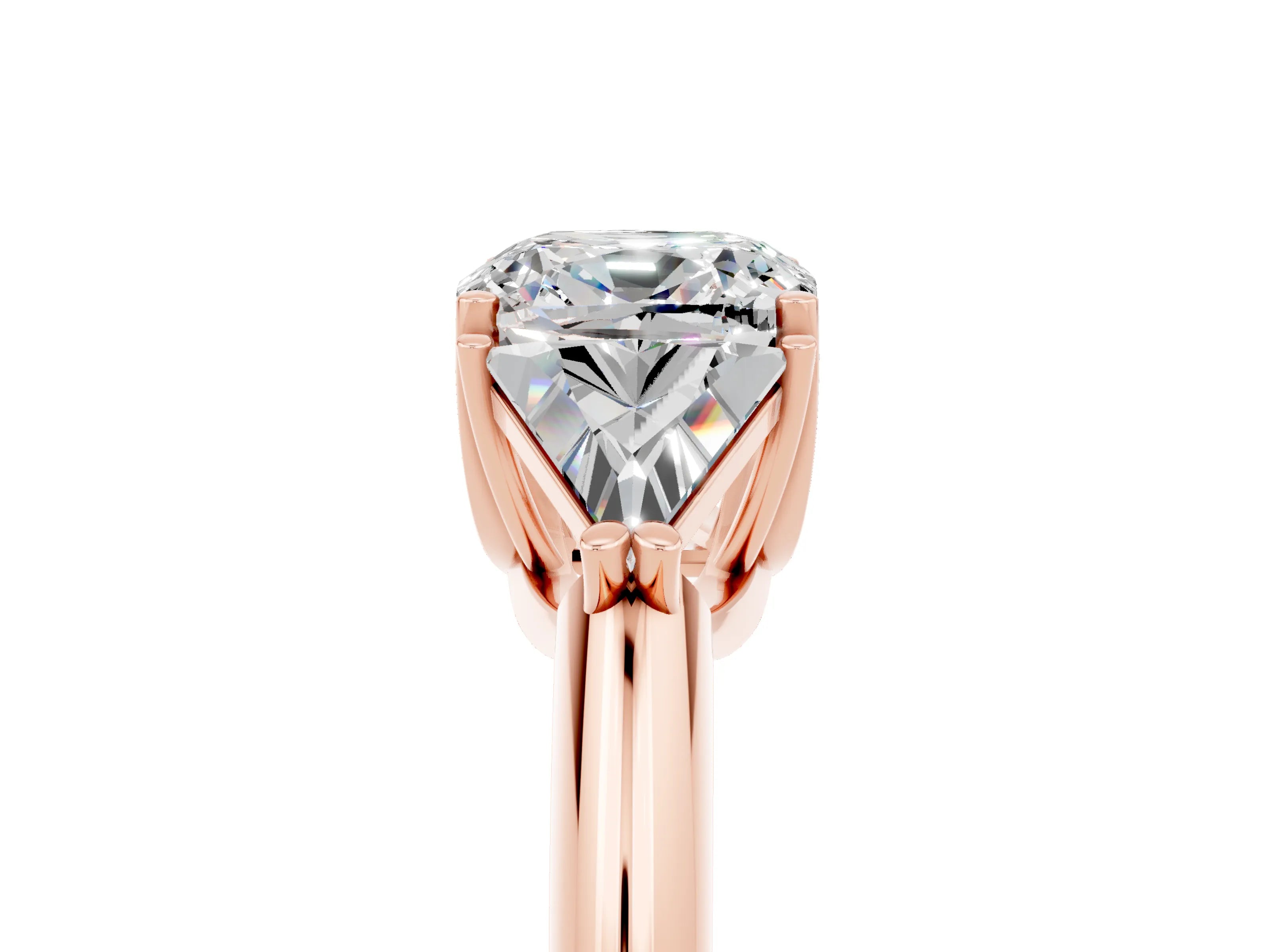 Rose gold Three-Stone Cushion Cut Cut Diamond Ring with Trillion Side Stones and Four-Prong Setting_5