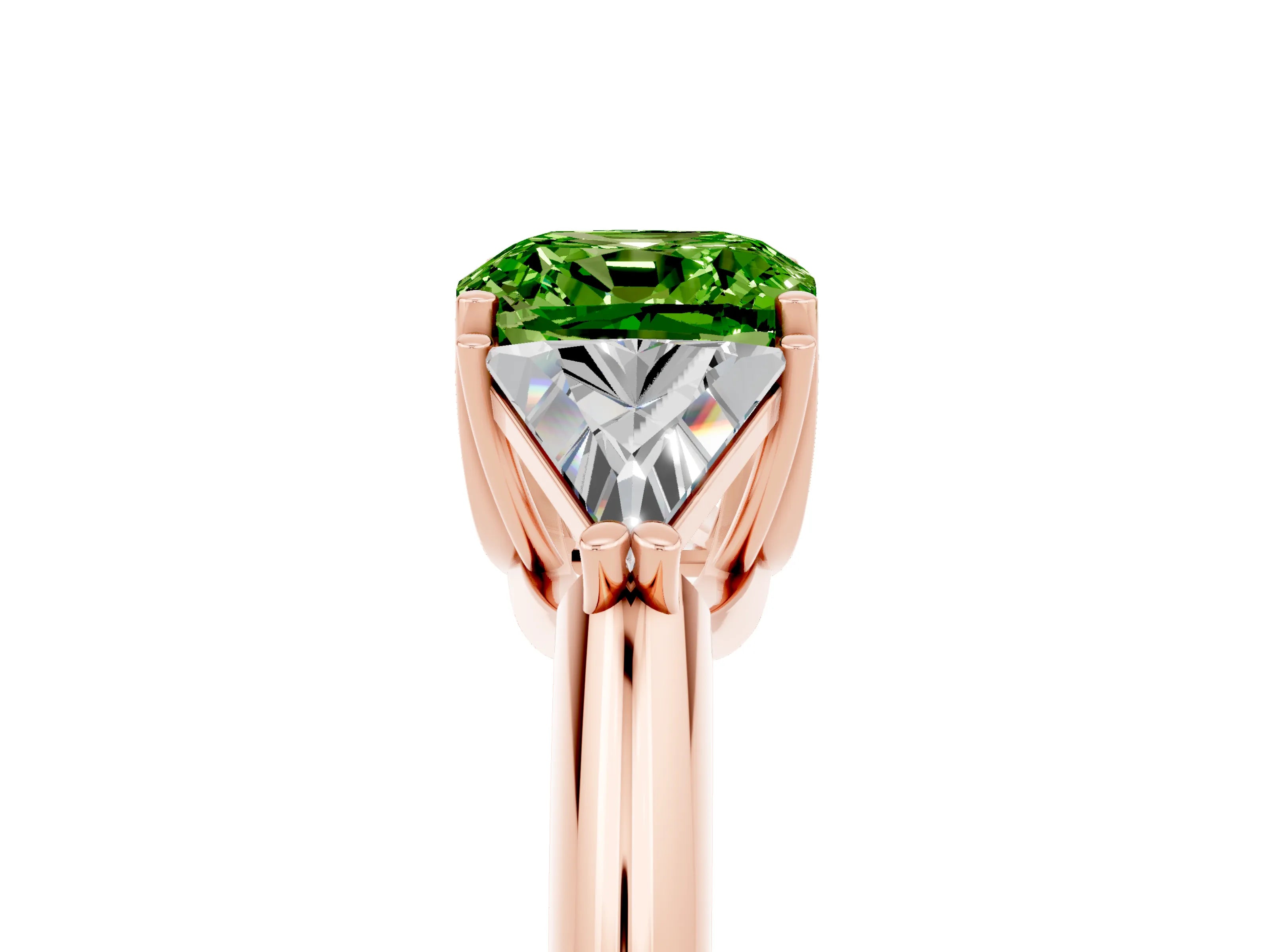 Rose gold Three-Stone Cushion Cut Cut Diamond Ring with Trillion Side Stones and Four-Prong Setting_5
