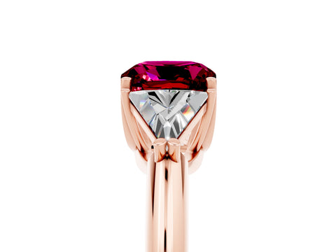 Rose gold Three-Stone Cushion Cut Cut Diamond Ring with Trillion Side Stones and Four-Prong Setting_5