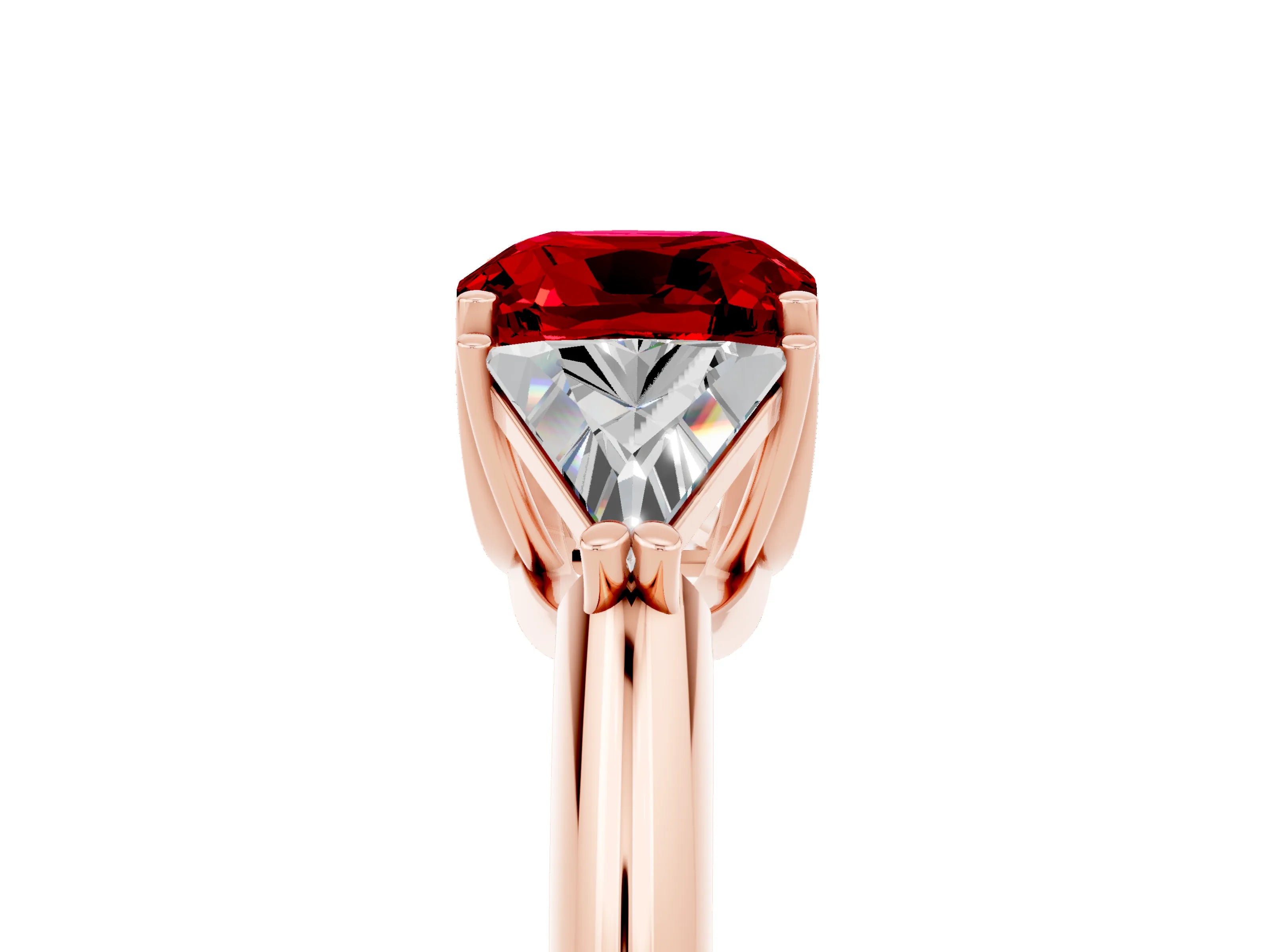 Rose gold Three-Stone Cushion Cut Cut Diamond Ring with Trillion Side Stones and Four-Prong Setting_5