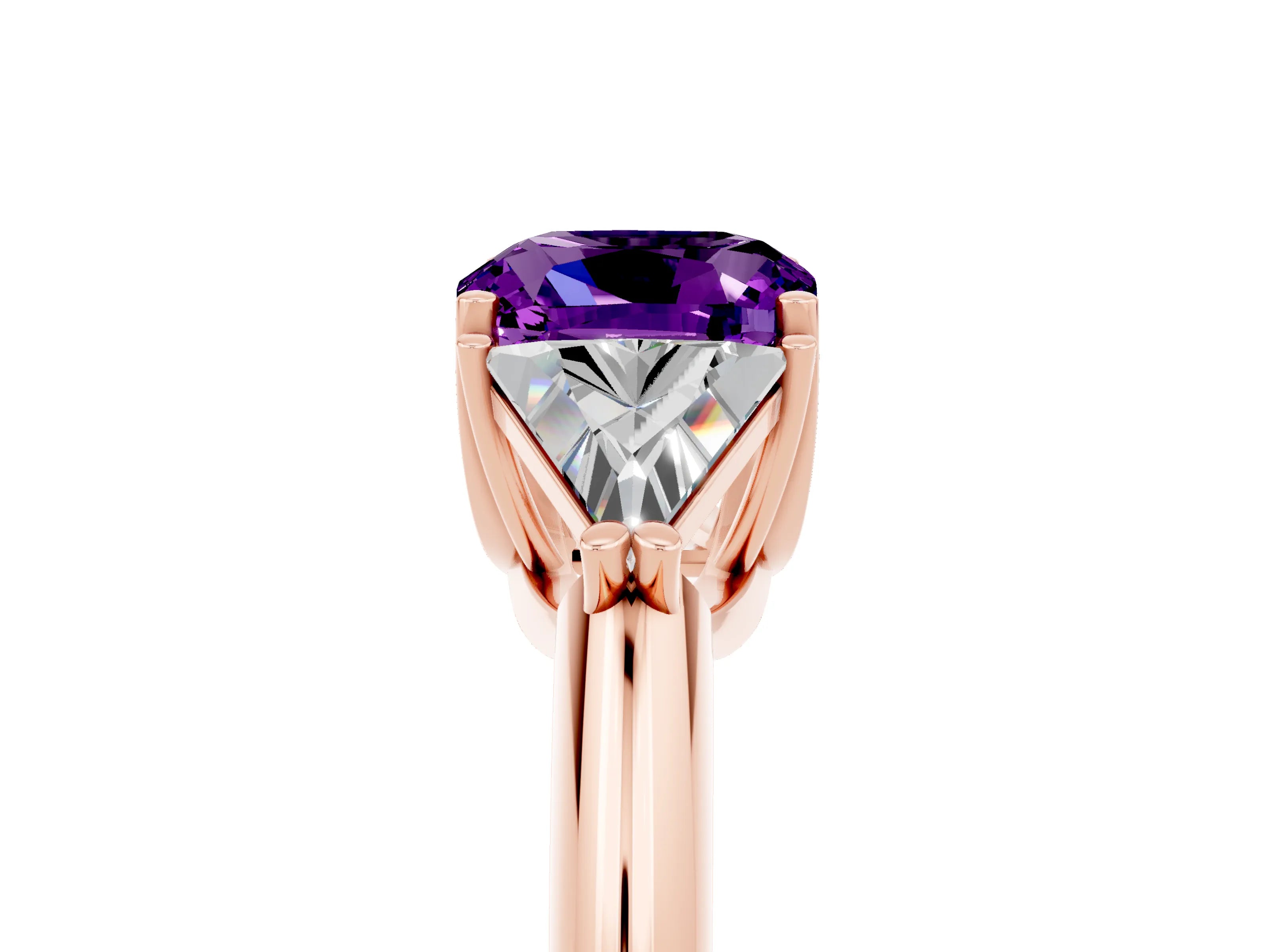 Rose gold Three-Stone Cushion Cut Cut Diamond Ring with Trillion Side Stones and Four-Prong Setting_5