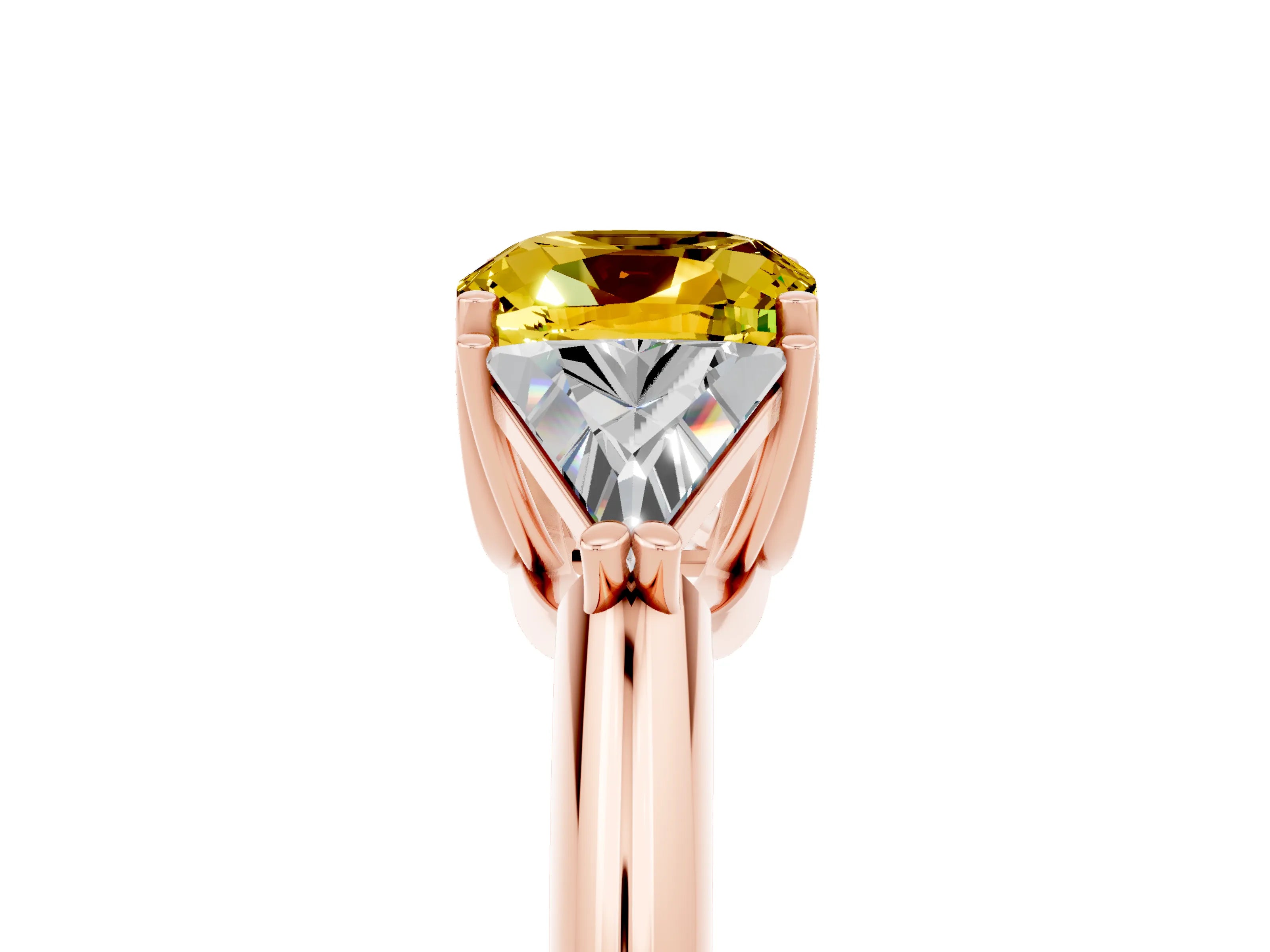 Rose gold Three-Stone Cushion Cut Cut Diamond Ring with Trillion Side Stones and Four-Prong Setting_5