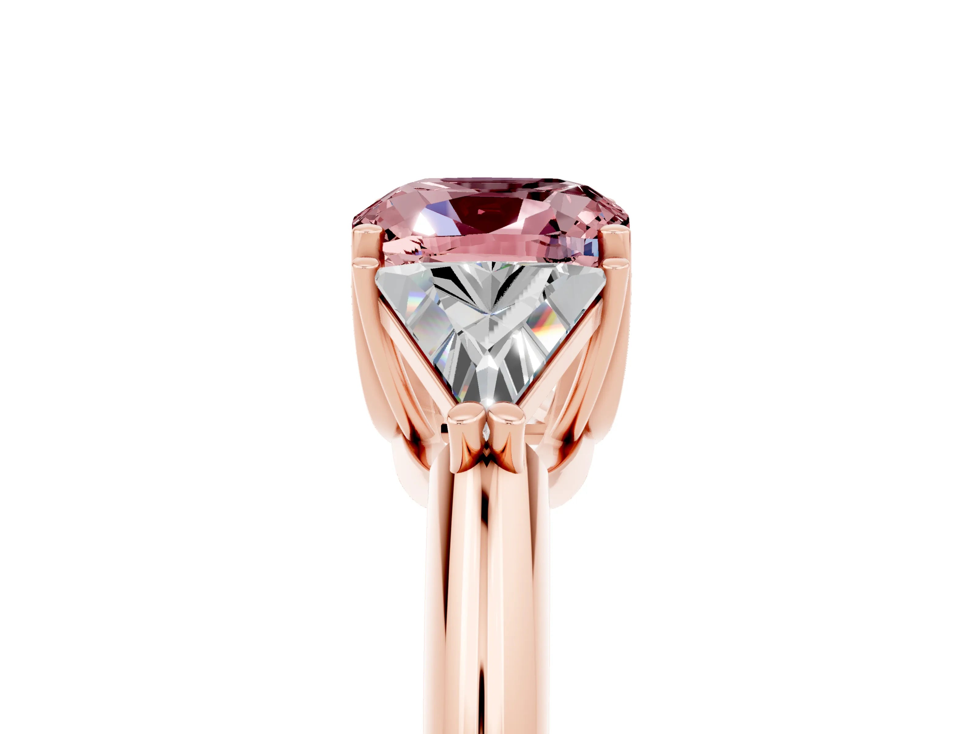 Rose gold Three-Stone Cushion Cut Cut Diamond Ring with Trillion Side Stones and Four-Prong Setting_5