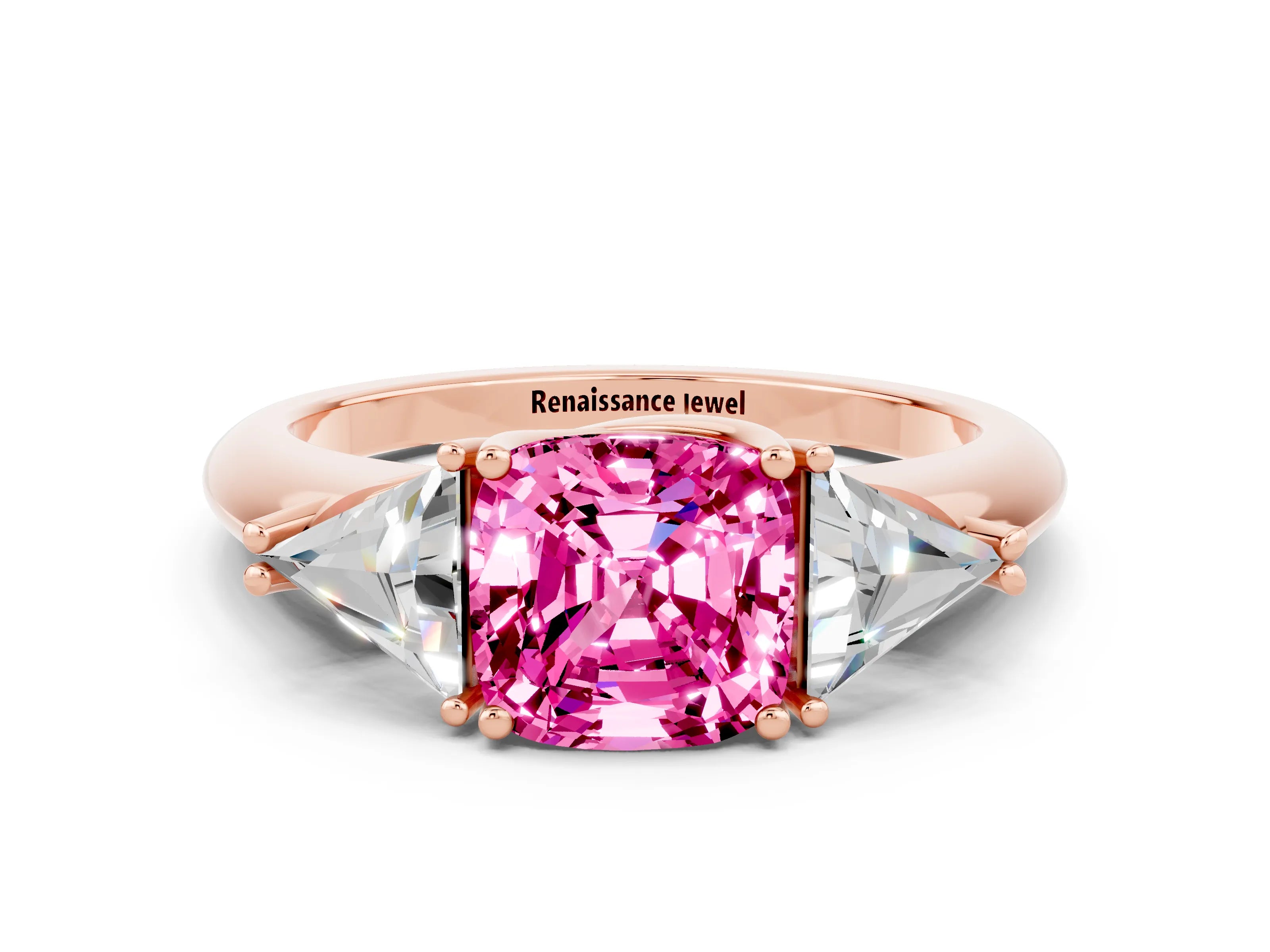 Rose gold Three-Stone Cushion Cut Cut Diamond Ring with Trillion Side Stones and Four-Prong Setting
