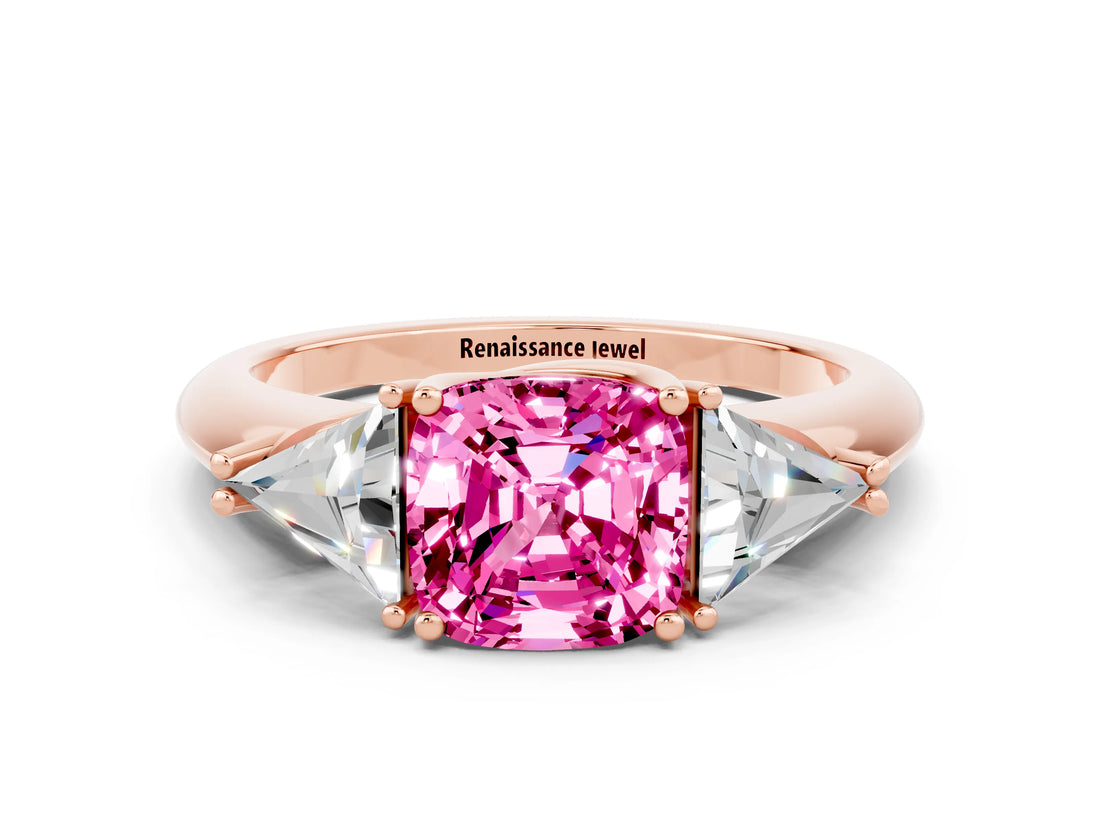 Rose gold Three-Stone Cushion Cut Cut Diamond Ring with Trillion Side Stones and Four-Prong Setting
