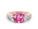 Rose gold Three-Stone Cushion Cut Cut Diamond Ring with Trillion Side Stones and Four-Prong Setting