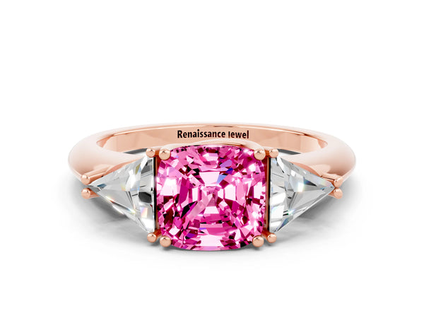 Rose gold Three-Stone Cushion Cut Cut Diamond Ring with Trillion Side Stones and Four-Prong Setting