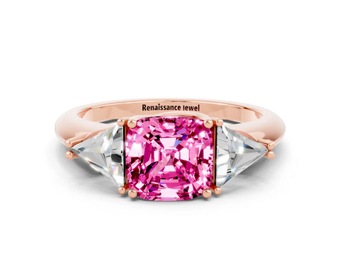 Rose gold Three-Stone Cushion Cut Cut Diamond Ring with Trillion Side Stones and Four-Prong Setting