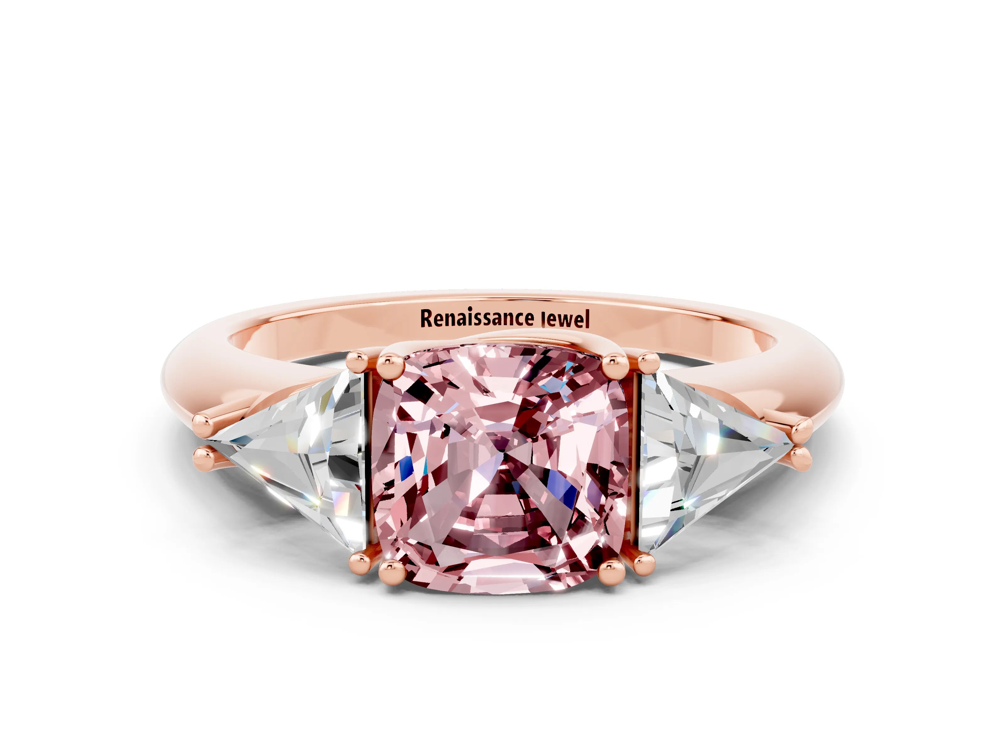 Rose gold Three-Stone Cushion Cut Cut Diamond Ring with Trillion Side Stones and Four-Prong Setting