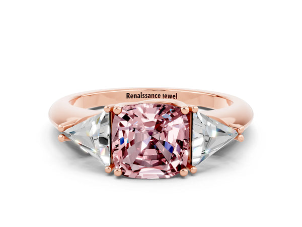 Rose gold Three-Stone Cushion Cut Cut Diamond Ring with Trillion Side Stones and Four-Prong Setting