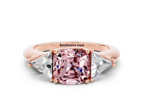 Rose gold Three-Stone Cushion Cut Cut Diamond Ring with Trillion Side Stones and Four-Prong Setting