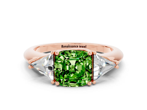 Rose gold Three-Stone Cushion Cut Cut Diamond Ring with Trillion Side Stones and Four-Prong Setting