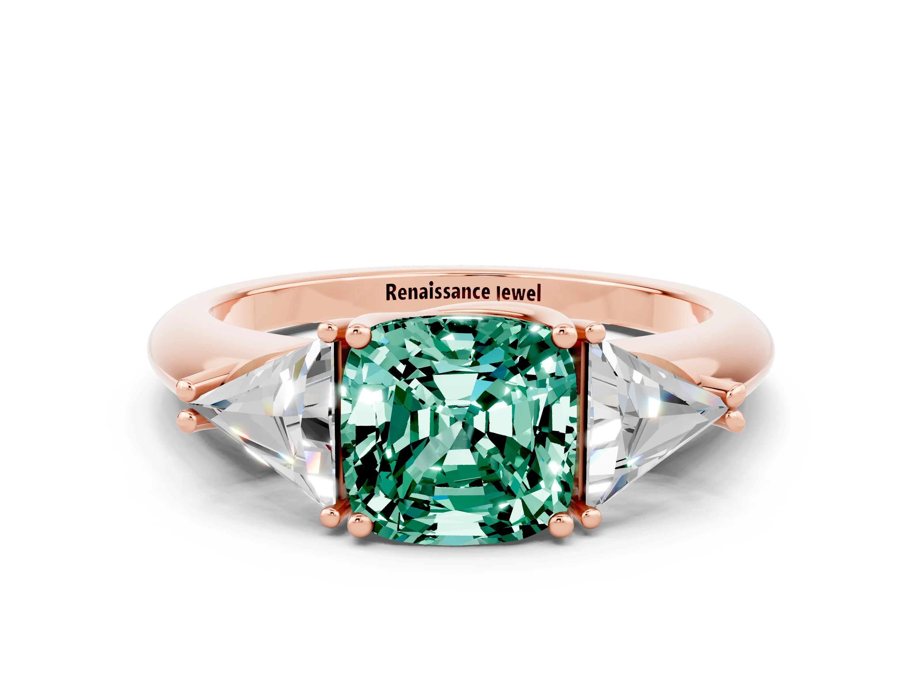 Rose gold Three-Stone Cushion Cut Cut Diamond Ring with Trillion Side Stones and Four-Prong Setting
