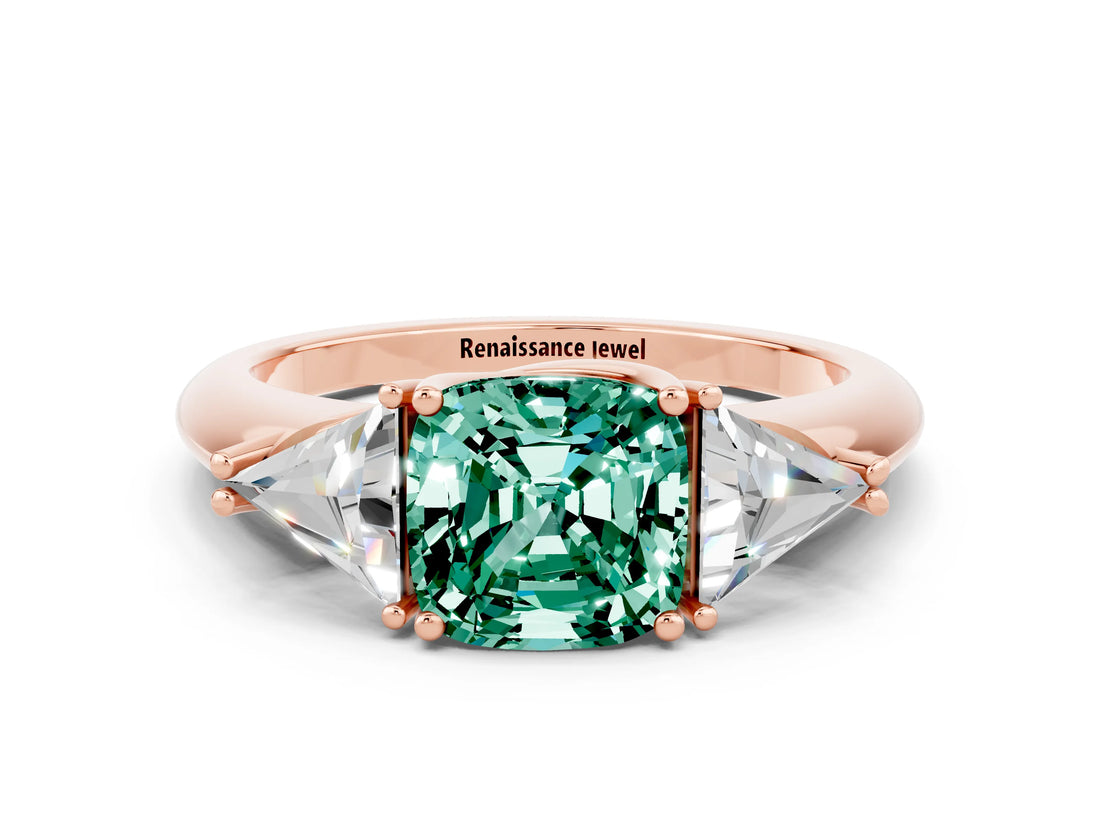 Rose gold Three-Stone Cushion Cut Cut Diamond Ring with Trillion Side Stones and Four-Prong Setting
