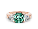 Rose gold Three-Stone Cushion Cut Cut Diamond Ring with Trillion Side Stones and Four-Prong Setting