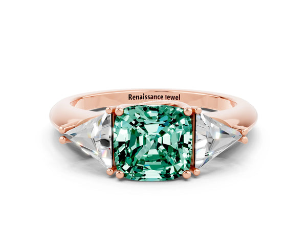 Rose gold Three-Stone Cushion Cut Green Sapphire Engagement Ring with Trillion Side Stones and Prong Setting