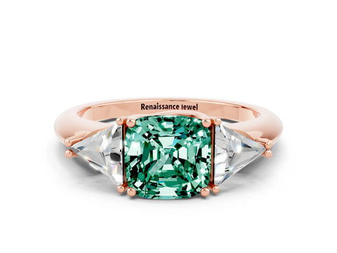 Rose gold Three-Stone Cushion Cut Cut Diamond Ring with Trillion Side Stones and Four-Prong Setting